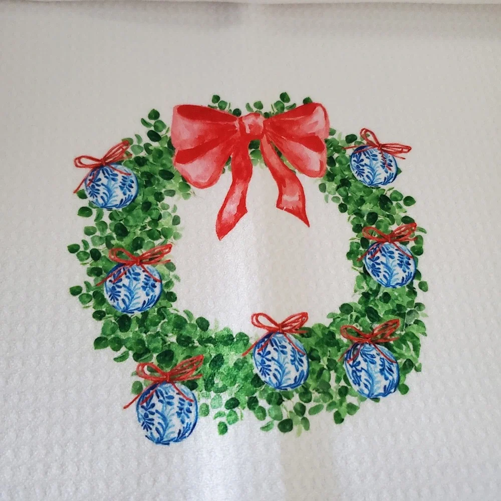 Christmas Waffle Weave Hand Towels Set of 2 Chinoiserie Trees Wreath White Red